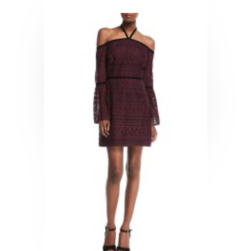 Likely purple lace off-shoulder mini dress